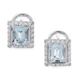 A PAIR OF AQUAMARINE AND DIAMOND EAR STUDS in 18ct white gold, each set with an emerald cut