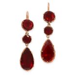 A PAIR OF ANTIQUE GARNET DROP EARRINGS, 19TH CENTURY in high carat yellow gold, each set with a pear