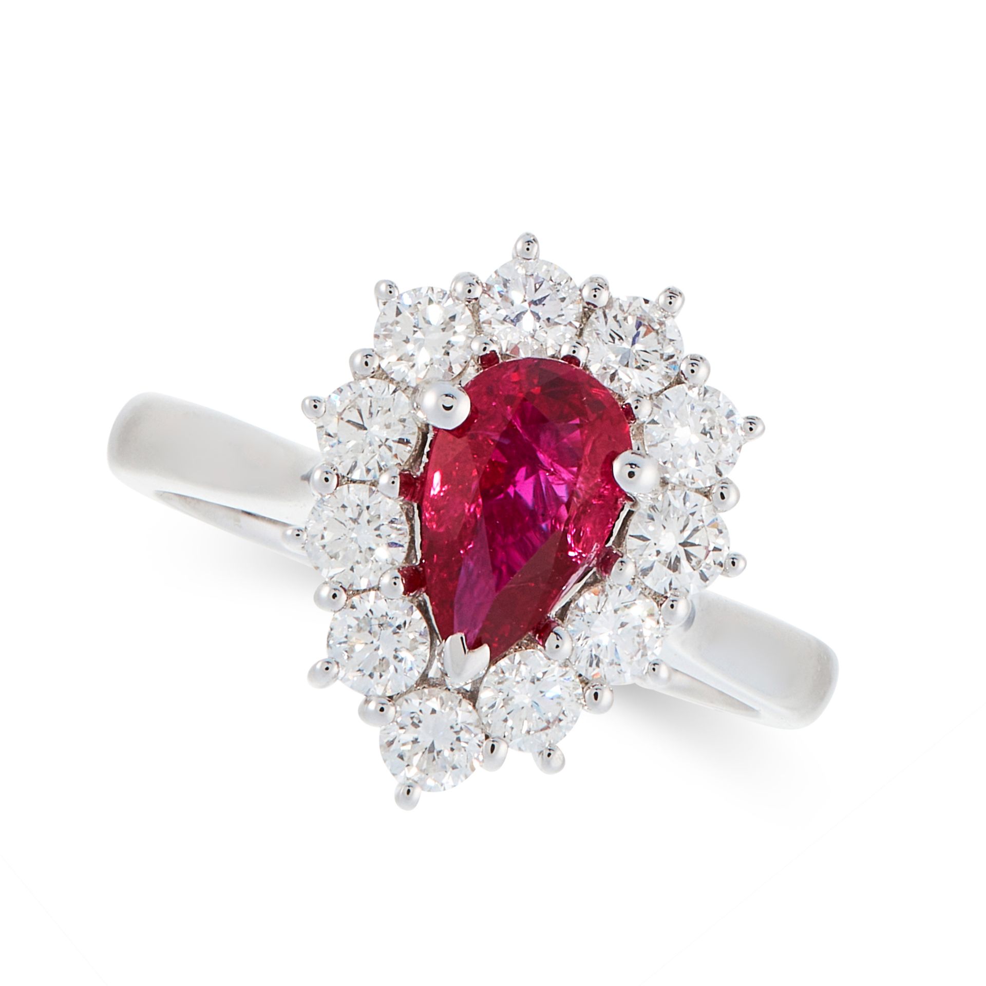 A BURMA NO HEAT RUBY AND DIAMOND RING in 18ct white gold, set with a pear cut ruby of 1.02 carats,