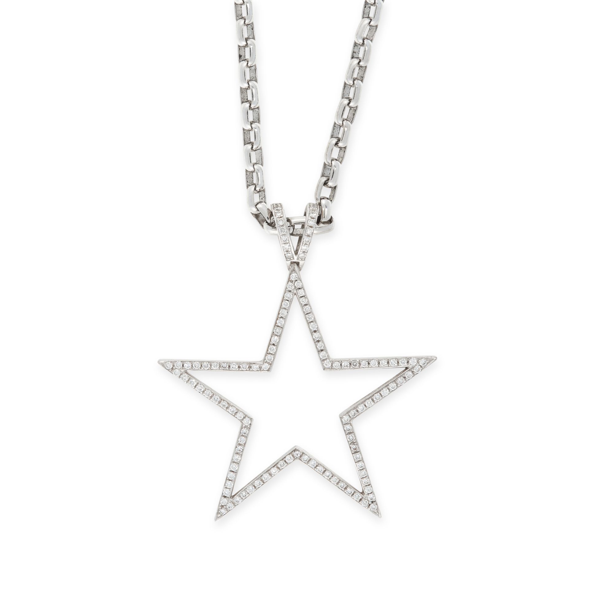 A DIAMOND STAR PENDANT AND CHAIN, THEO FENNELL in 18ct white gold, the pendant designed as the