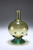 A BOHEMIAN GREEN GLASS FLASK, with six blue prunts