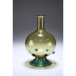 A BOHEMIAN GREEN GLASS FLASK, with six blue prunts