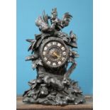 A BLACK FOREST CARVED OAK MANTEL CLOCK, LATE 19th CENTURY