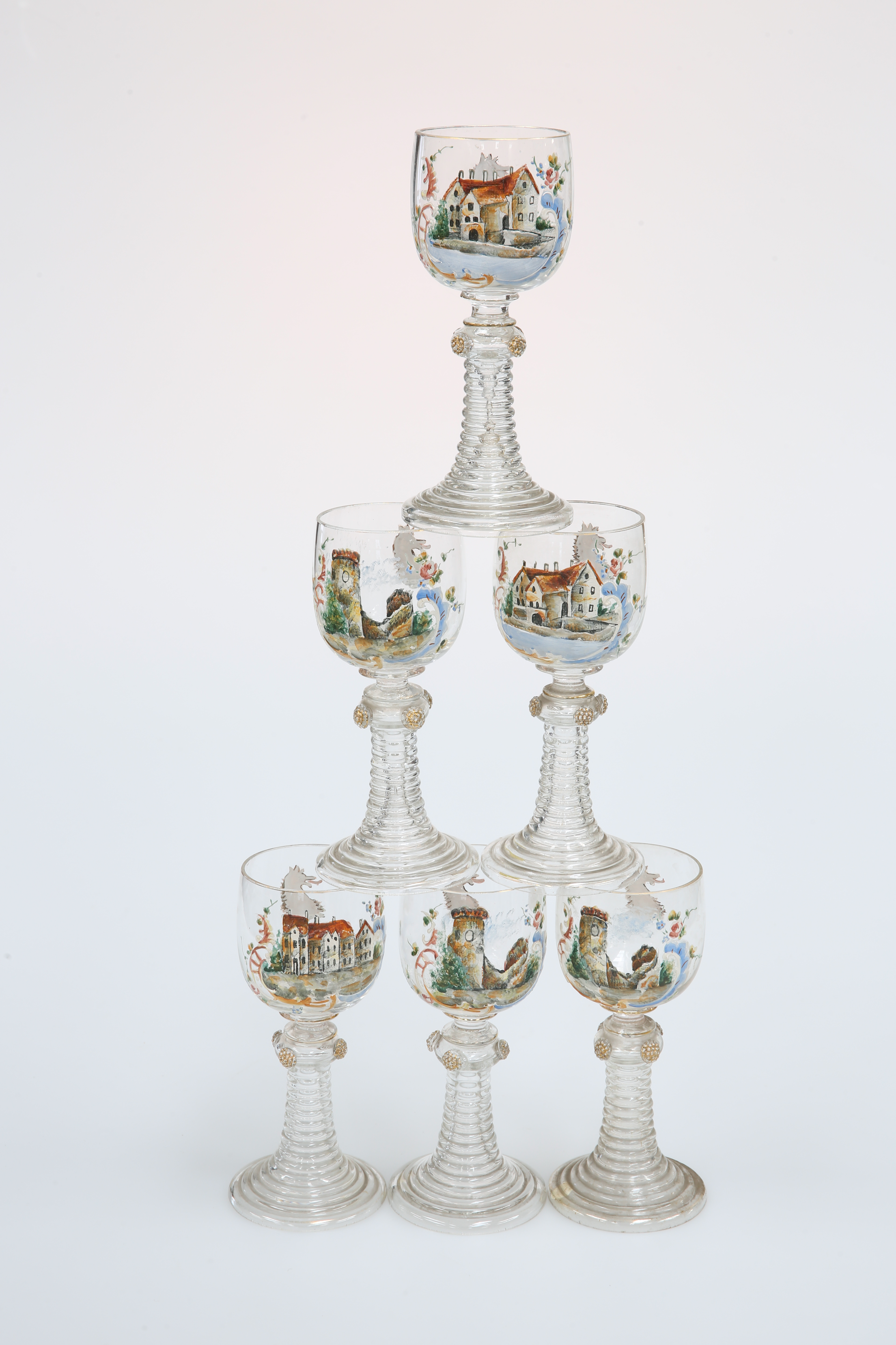 A SET OF SIX BOHEMIAN ENAMELLED GLASS ROEMERS, c. 1875