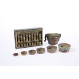 A CHINESE MINIATURE BRASS AND MARBLE ABACUS