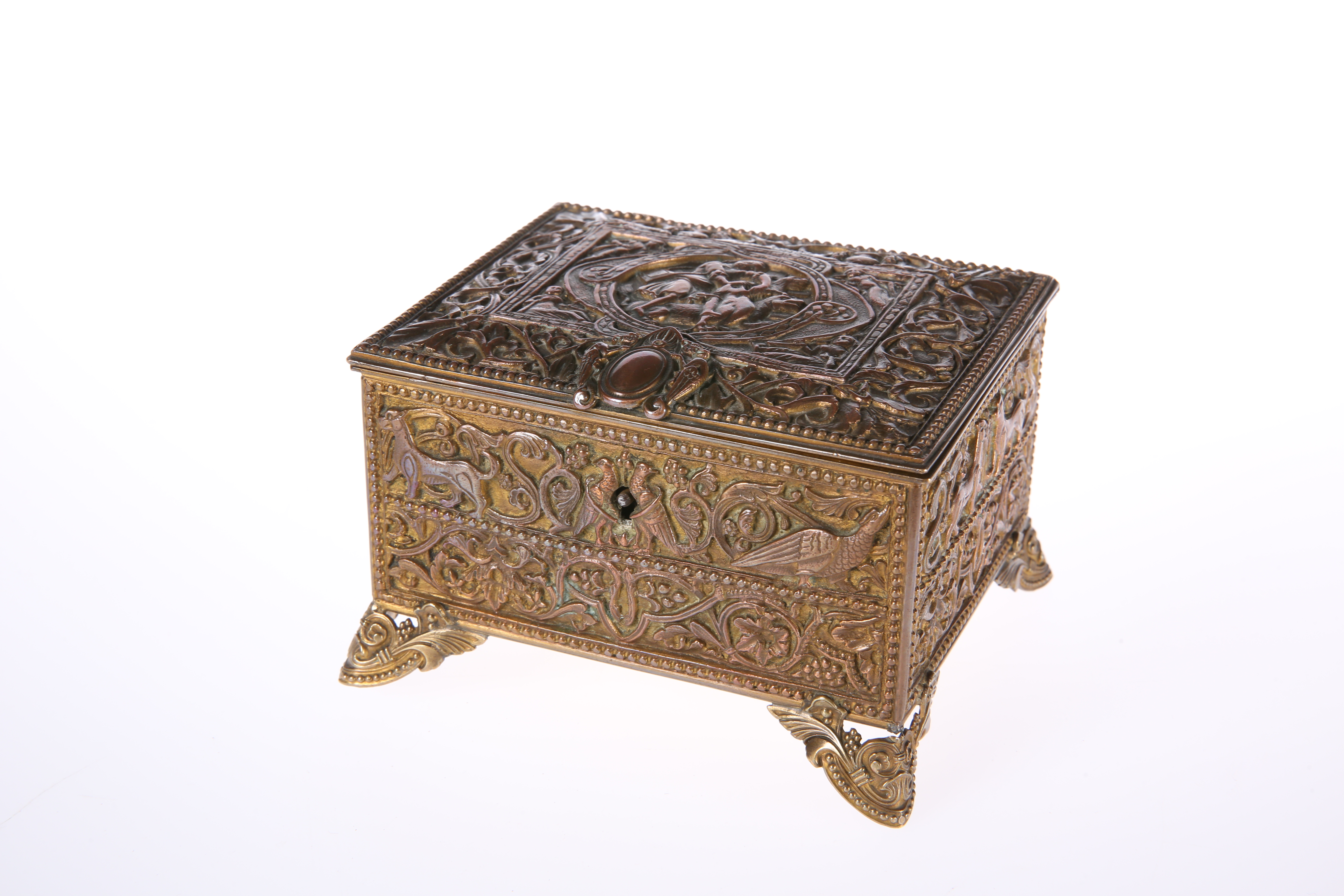 A LATE 19TH CENTURY FRENCH CAST METAL JEWEL CASKET