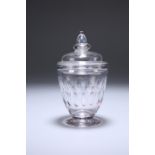 AN 18TH CENTURY GLASS CADDY, the cover with acorn knop