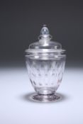 AN 18TH CENTURY GLASS CADDY, the cover with acorn knop