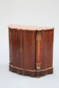 A LOUIS XV STYLE GILT-METAL MOUNTED AND MARBLE-TOPPED PARQUETRY SIDE CABINET
