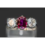 A BURMESE RUBY AND DIAMOND PLATINUM RING