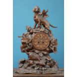 A LARGE BLACK FOREST CARVED OAK MANTEL CLOCK, LATE 19th CENTURY