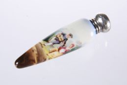 AN EDWARDIAN SILVER-TOPPED PORCELAIN SCENT FLASK, BIRMINGHAM 1904, cone-shaped, painted with a