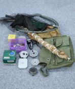 COLLECTION OF FISHING TACKLE INCLUDING BAGS, NETS, FLIES, LURES & REELS