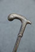 AN INDIAN SILVER INLAID AND NIELLO DECORATED WALKING STICK