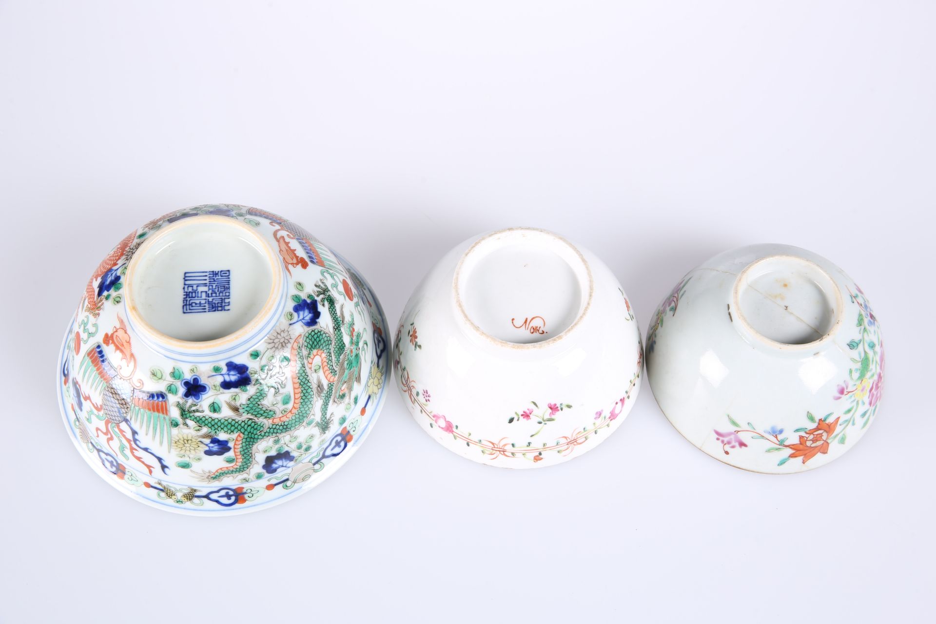 THREE CHINESE PORCELAIN BOWLS, the first painted in a Famille Verte palette - Image 2 of 2