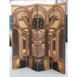 A GILDED AND CARVED LACQUER FOUR-PANEL DRESSING SCREEN, IN THE ART DECO TASTE