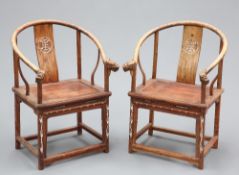 A PAIR OF CHINESE MOTHER-OF-PEARL INLAID ELM CHAIRS