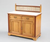 A VICTORIAN MARBLE-TOPPED AND TILE-BACKED ASH WASHSTAND