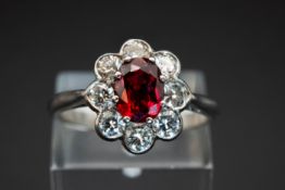 A THAI RUBY AND DIAMOND CLUSTER RING
