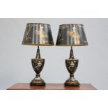 A PAIR OF CHINOISERIE DECORATED TOLE LAMPS AND SHADES