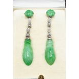 A PAIR OF JADEITE AND DIAMOND EARRINGS