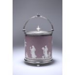 A WEDGWOOD SILVER-PLATE MOUNTED LILAC JASPERWARE BISCUIT BARREL