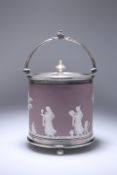 A WEDGWOOD SILVER-PLATE MOUNTED LILAC JASPERWARE BISCUIT BARREL