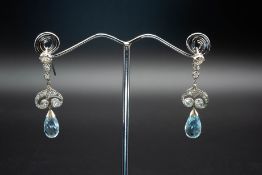 A PAIR OF AQUAMARINE AND DIAMOND EARRINGS