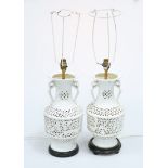 A PAIR OF CHINESE BLANC DE CHINE RETICULATED TABLE LAMPS