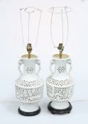 A PAIR OF CHINESE BLANC DE CHINE RETICULATED TABLE LAMPS