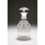 A 19th CENTURY CUT-GLASS MALLET-FORM DECANTER WITH MUSHROOM STOPPER