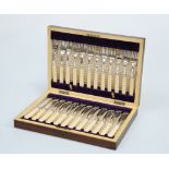 A SET OF TWELVE VICTORIAN SILVER-PLATED AND IVORY-HANDLED FISH KNIVES AND FORKS