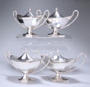 A SET OF FOUR GEORGE III SILVER TWIN-HANDLED SAUCE TUREENS, HENRY CHAWNER, LONDON 1786 AND 1788