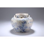 A CHINESE BLUE AND WHITE JAR, IN MING STYLE, of squat baluster form with four lug handles, painted