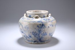 A CHINESE BLUE AND WHITE JAR, IN MING STYLE, of squat baluster form with four lug handles, painted