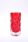 GEOFFREY BAXTER FOR WHITEFRIARS, A RUBY RED BARK EFFECT GLASS VASE