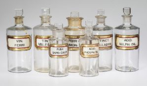 A GROUP OF EIGHT LATE VICTORIAN CLEAR GLASS LUG APOTHECARY BOTTLES