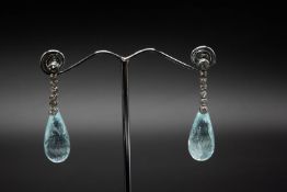 A PAIR OF AQUAMARINE AND DIAMOND EARRINGS