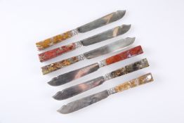 A SET OF SIX MID-VICTORIAN AGATE-MOUNTED SILVER FISH KNIVES, MARTIN HALL & CO., SHEFFIELD 1860