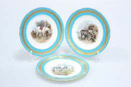 A SET OF THREE MINTON HAND-PAINTED PORCELAIN DESSERT PLATES, c. 1870