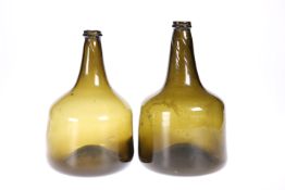 TWO LATE 18th CENTURY OLIVE GREEN GLASS BOTTLES