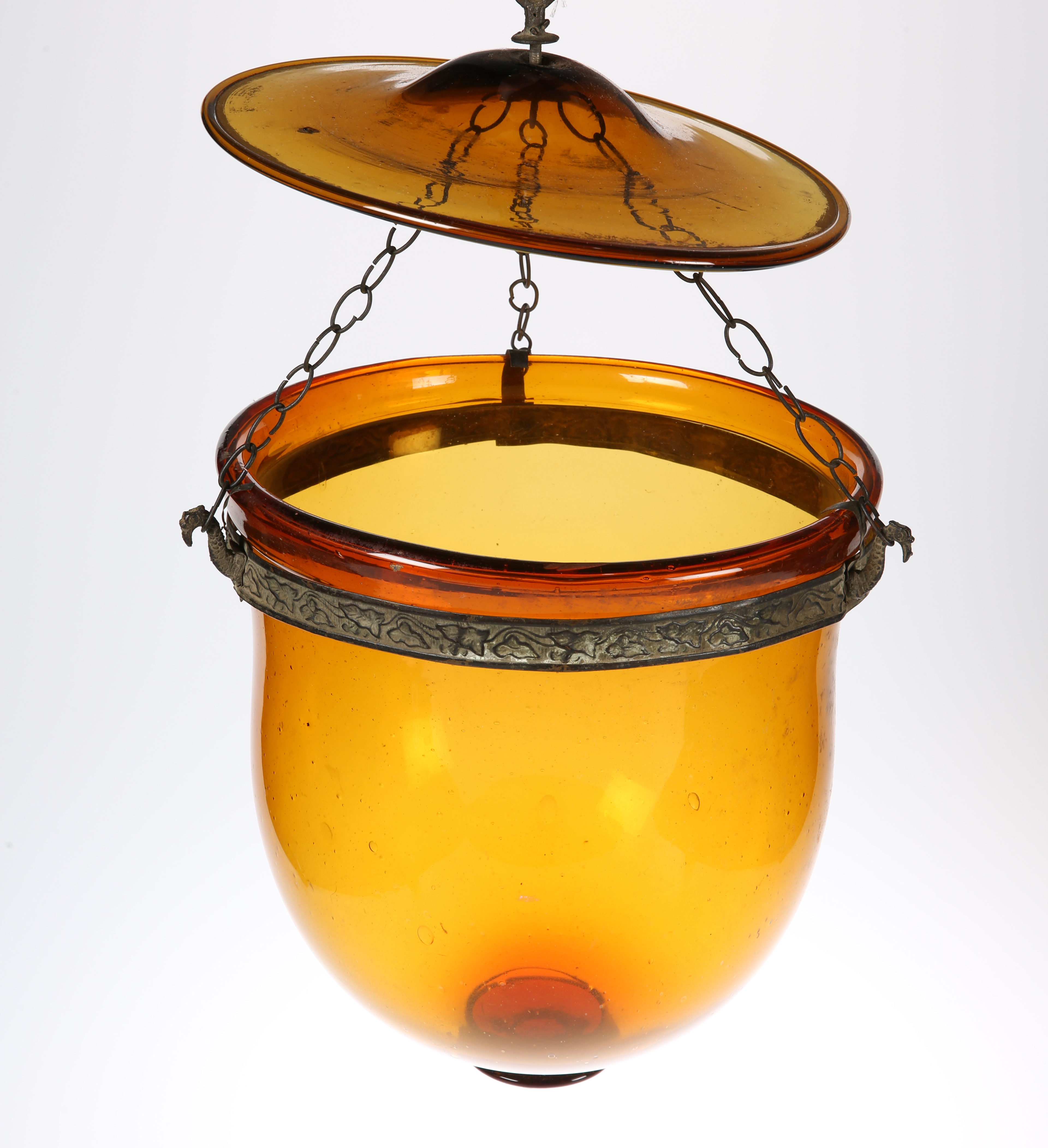 A VICTORIAN AMBER GLASS HANGING LIGHT DOME WITH ORIGINAL GLASS TOP