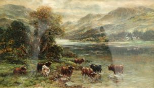 WILLIAM LANGLEY (ACT. 1880-1920), HIGHLAND CATTLE WATERING