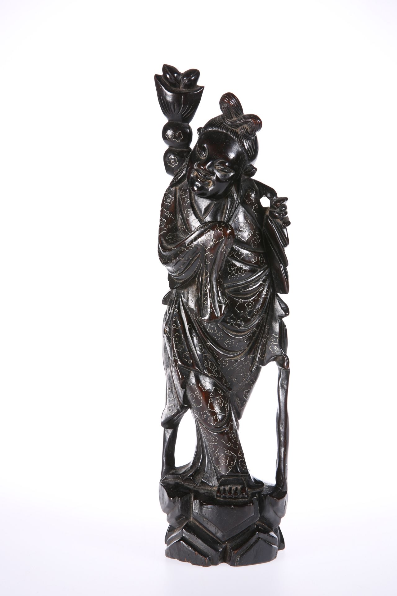 A JAPANESE SILVER INLAID HARDWOOD FIGURE, EARLY 20TH CENTURY