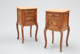A PAIR OF MARBLE-TOPPED OAK POT CUPBOARDS