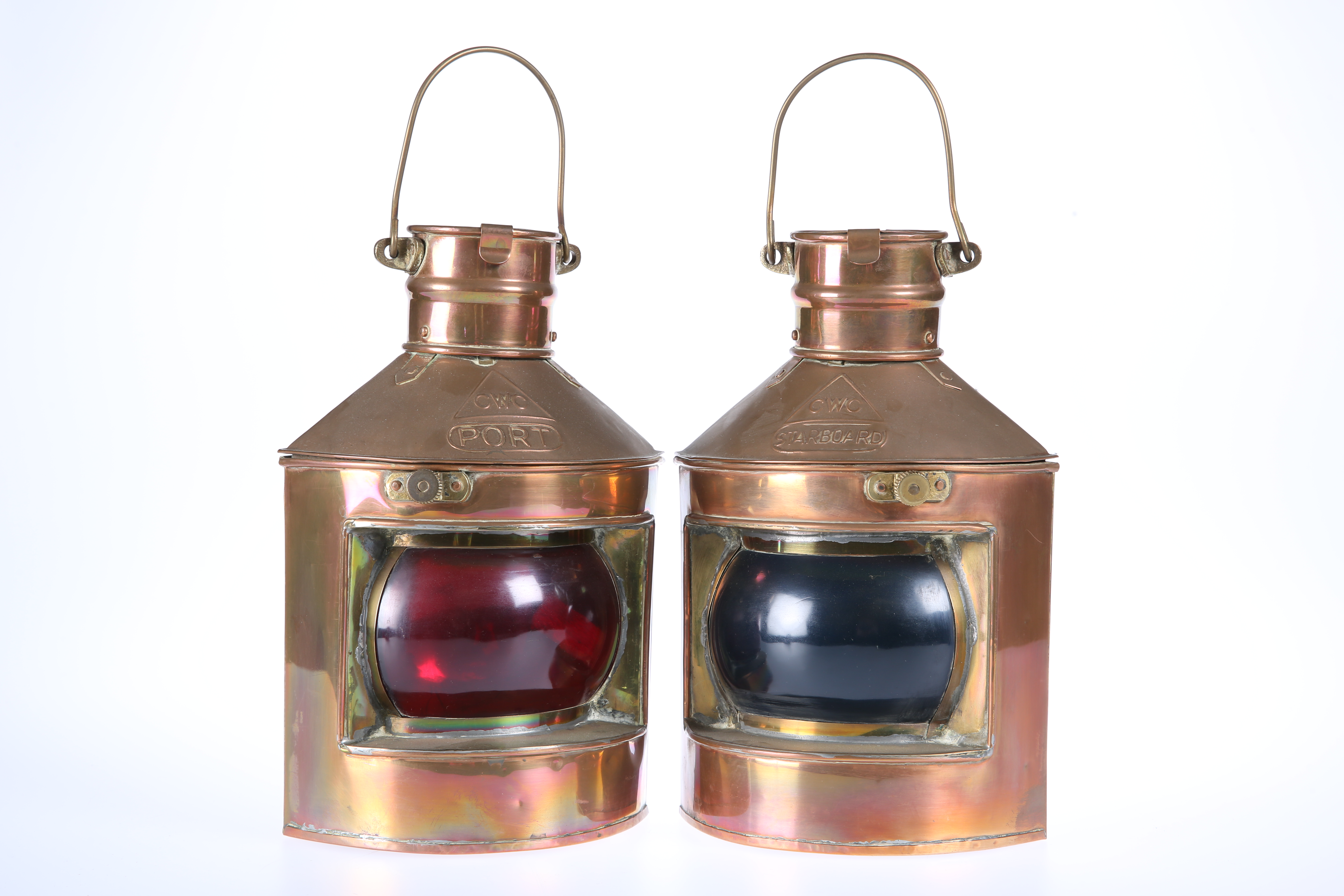 A PAIR OF CWC COPPER SHIPS LAMPS