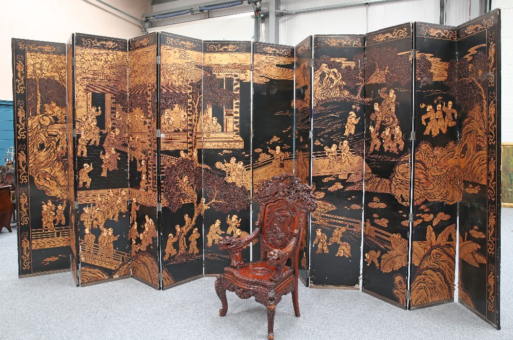 A LARGE CHINESE EXPORT PARCEL-GILT AND LACQUER TWELVE-FOLD SCREEN