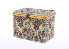 A CONTINENTAL MAJOLICA CASKET, 19TH CENTURY