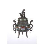 A CHINESE CHAMPLEVE ENAMEL BRONZE TRIPOD CENSER, 19TH CENTURY