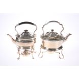 TWO EDWARDIAN SILVER-PLATED SPIRIT KETTLES, the first by Atkin Bros